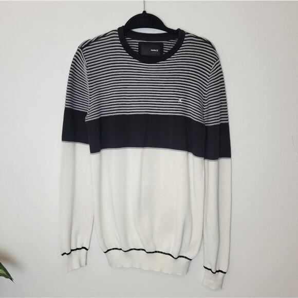 HURLEY Men's Black And White Striped Crewneck Sweater Cotton Lightweight Size L - Picture 1 of 13